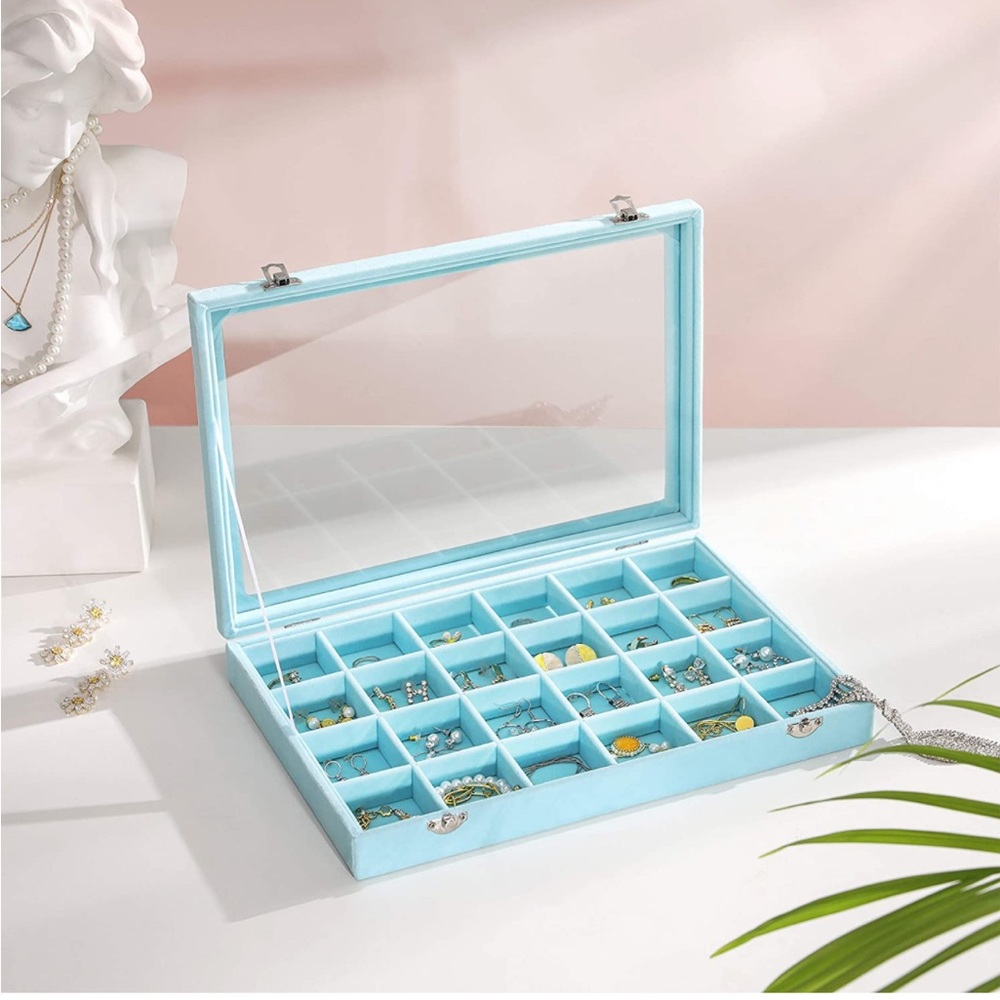 Jewelry Display Case with a Clear Glass Window,24 Compartments, Light Blue NIB